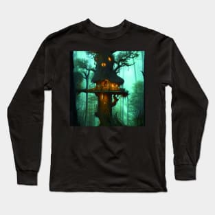 Magical Cottage Tree House with Lights in Forest with High Trees, Scenery Nature Long Sleeve T-Shirt